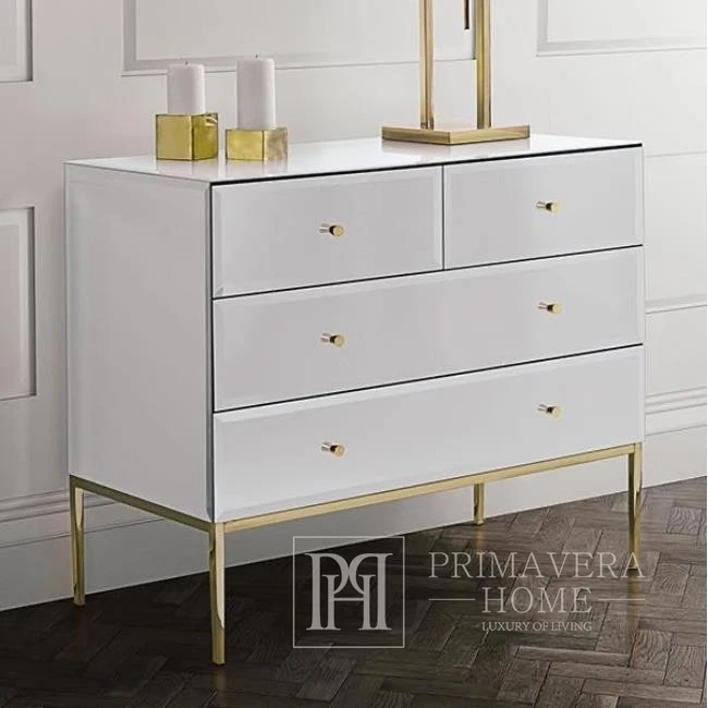 Glass chest of drawers Franco glamor style, steel legs, super white gold OUTLET