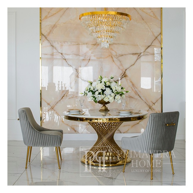 Stół glamour złoty z białym, czarnym blatem marmurowym okrągły stalowy do jadalni, nowoczesny, luksusowy ANTONIO 130 cm 