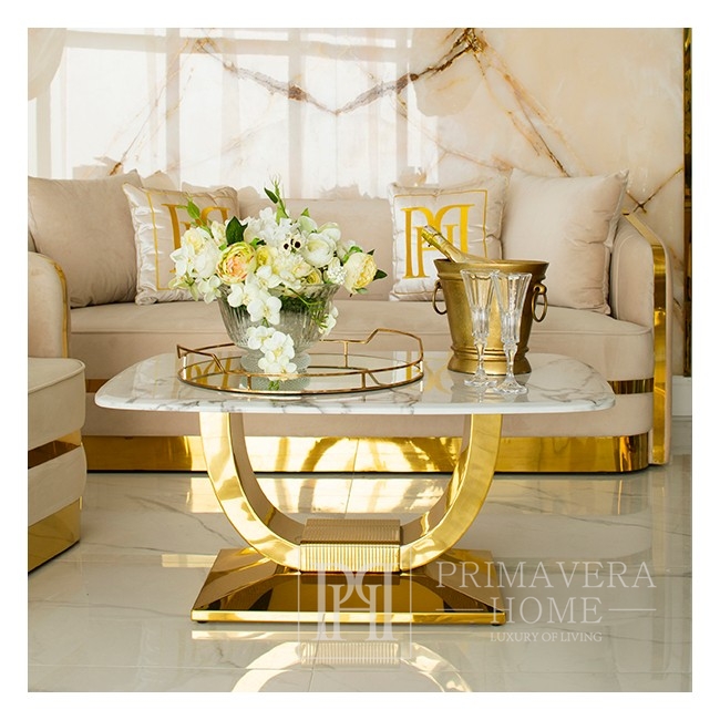 Glamor coffee table for the living room with a white marble top, gold ART DECO 