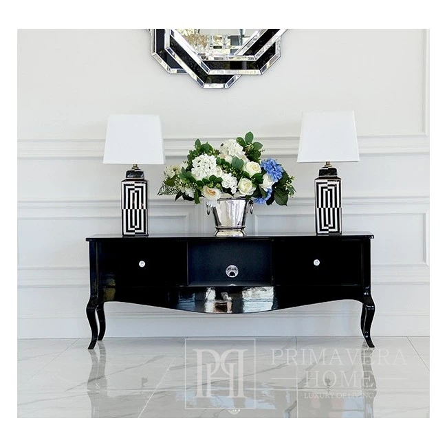 Stylish cabinet, TV table, glossy chest of drawers, bent legs black ELENA GLAMOR