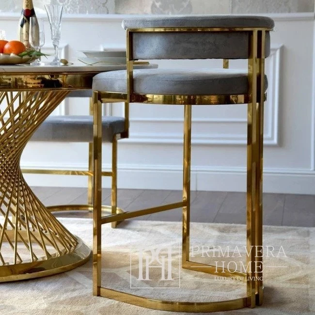 Modern upholstered stool, designer, round, glamor, to the island, to the bar, to the dining room, gray, gold MARCO