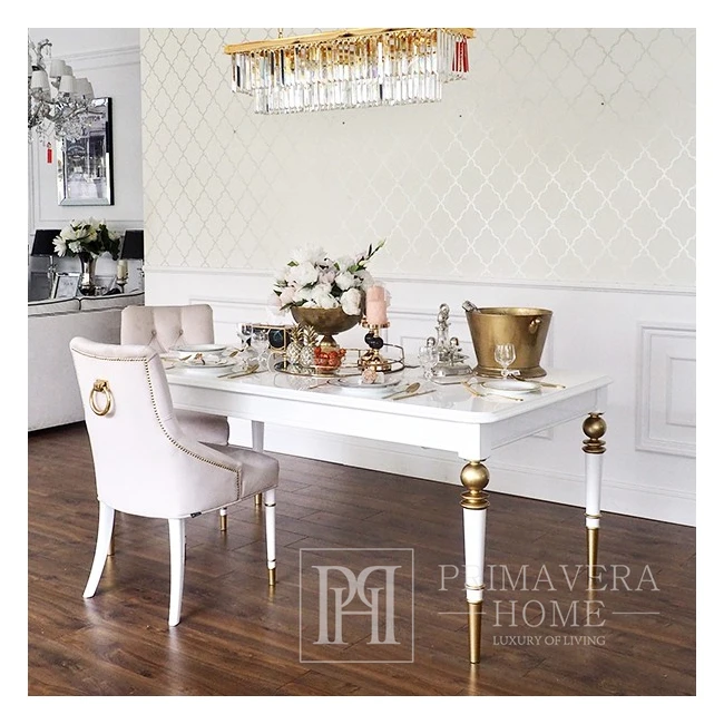 Stół z wysokim połyskiem glamour elegancki biały wysoki połysk  jasny złoty QUEEN