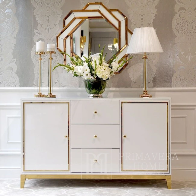 High gloss lacquered chest of drawers, wooden, glamor, white and gold LORENZO OUTLET