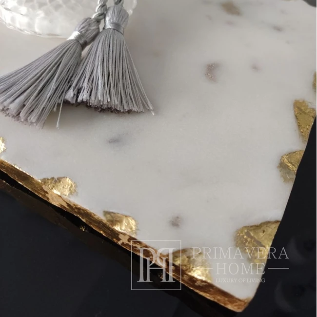 Modern kitchen board, tray, glamor, stone, white with gold elements, rectangular 30x20 cm