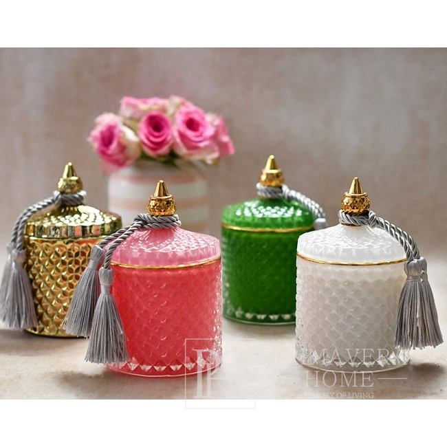 Świeca zapachowa dekoracyjna w szklanym kryształowym pojemniku różowo-złota 