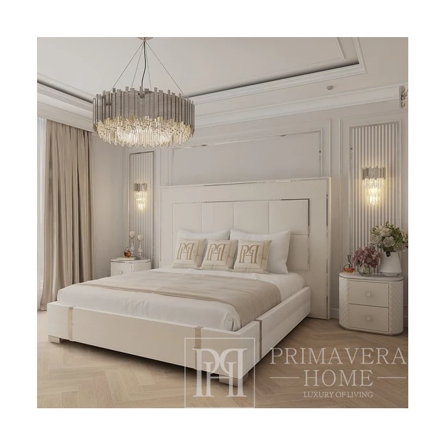 A modern bed for the bedroom, upholstered, glamor, designer, white eco-leather, silver SOHO