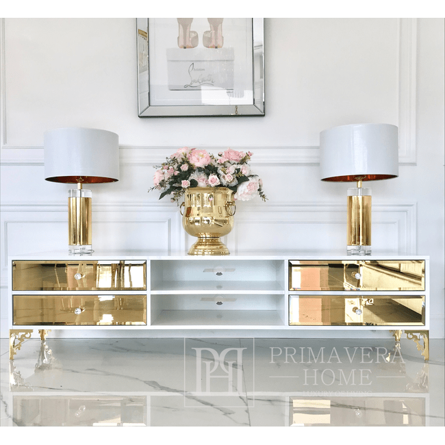 Exclusive TV chest of drawers, with mirrors, wooden, white, black, glamor, lacquered, silver VENICE 