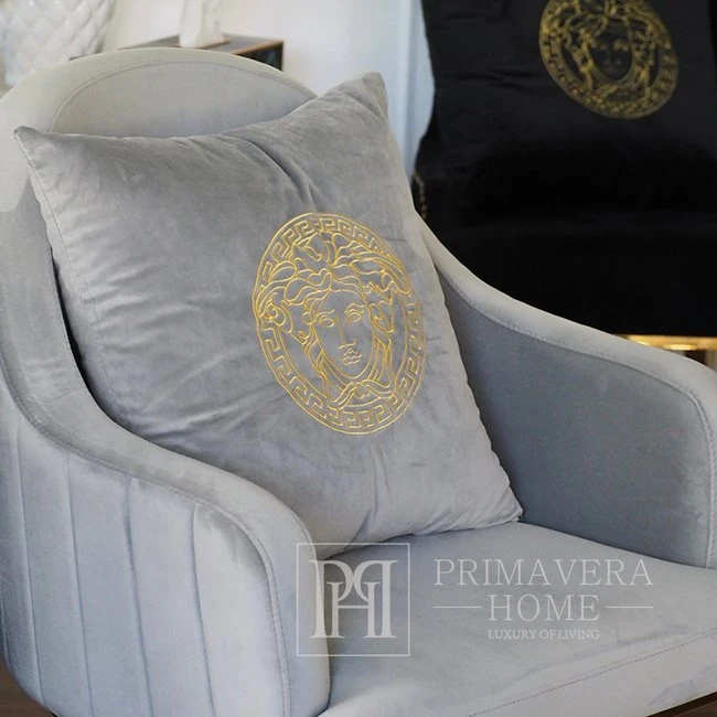 Decorative gray velvet pillow with gold logo Medusa [CLONE]