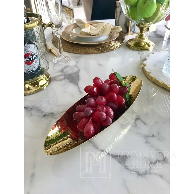 Exclusive decorative tray for fruit, sweets, keys, glamour, steel, gold, decorative, LEAF