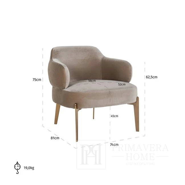 Modern armchair for office, dining room, designer, velvet, beige, with golden legs GENTLE BEIGE