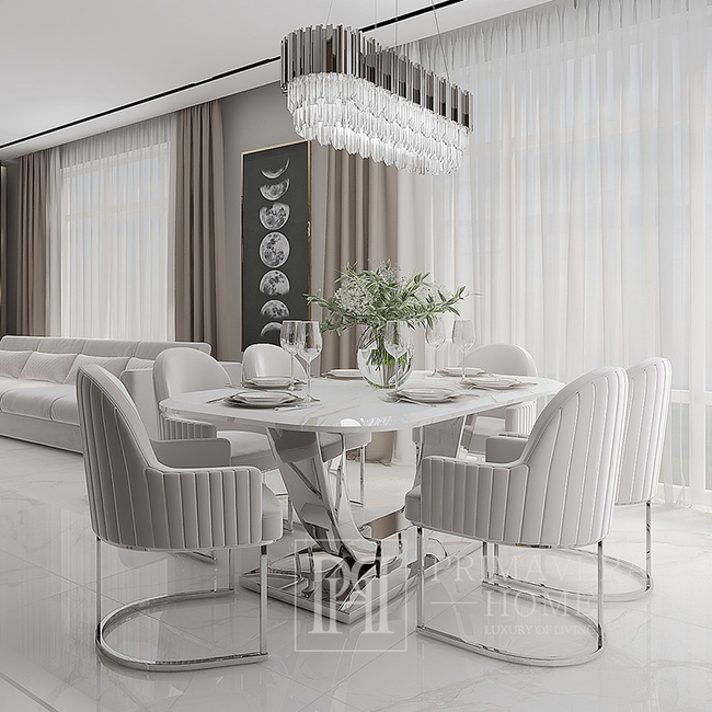 Išskirtinis žavingas stalas valgomajam, modernus, dizainerių sukurtas, balto marmuro stalviršis, sidabrinis ART DECO 