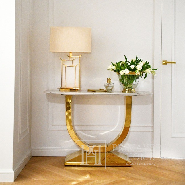 Glamor console in a modern style, with a white marble top, ART DECO gold 