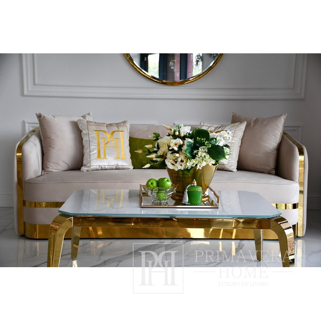 Išskirtinė glamūrinė sofa svetainei, art deco, moderni, su plieninėmis aukso juostelėmis, smėlio spalvos, dizainerio aukso spalvos MADONNA 