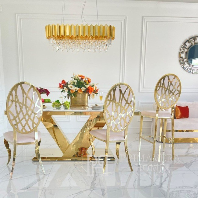 Išskirtinis glamūrinis pietų stalas, modernus, su baltu konglomeratu, auksinis LV COLLECTION 