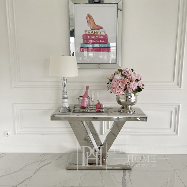 Modern, glamorous silver console, white marble top, for the LV COLLECTION hall 