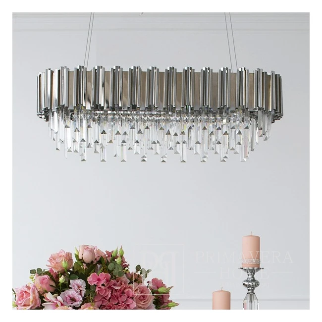 Luxurious glamor crystal chandelier oblong for dining room pendant lamp, silver EMPIRE OUTLET