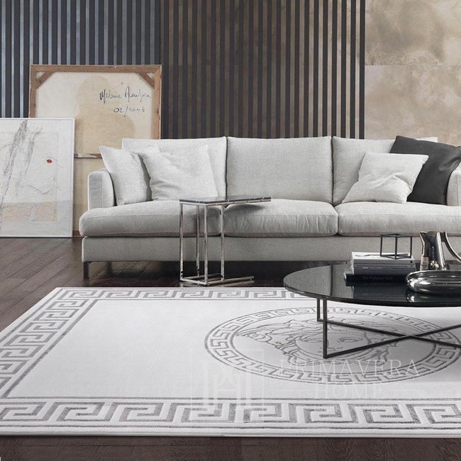 Designer carpet, with the face of a medusa, for the living room and dining room, Greek pattern, gray MEDUSA SILVER 