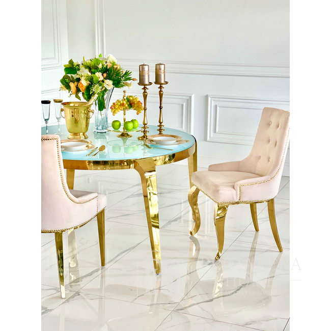 Designer dining table, glamor, with a glass top, steel, gold ELITE 
