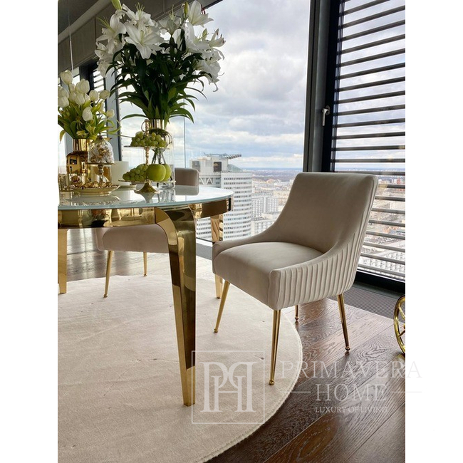 Stół złoty, okrągły z białym szklanym blatem, glamour, stalowy, designerski  ELITE 