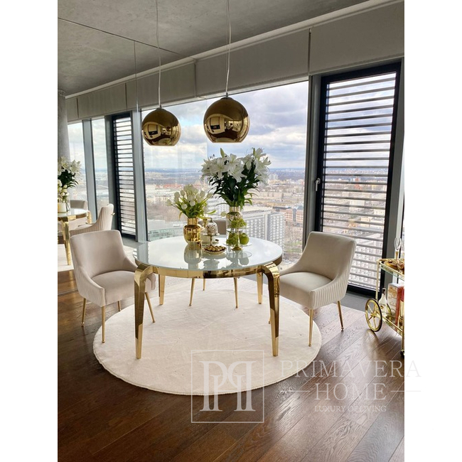Gold Glamour Tisch mit weißer Glasplatte für Esszimmer, Stahl, Designer ELITE 