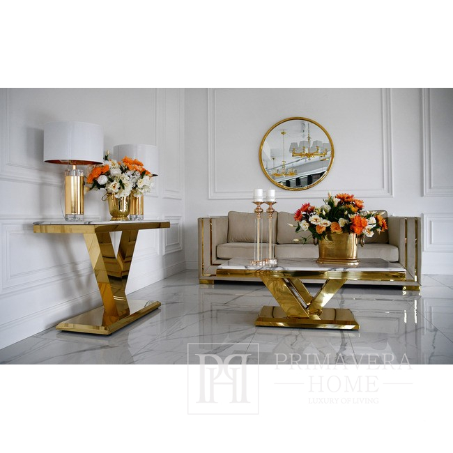 Goldene Konsole, modern, weiße Marmorplatte, Glamour, LV COLLECTION 
