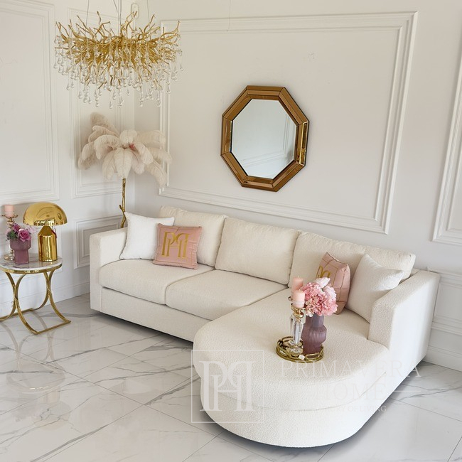 Modernes Glamour-Ecksofa, für das Wohnzimmer, abgerundet, umwandelbar, beige, bequemes Eckboucle PARIS 