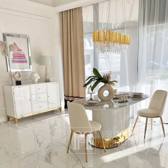 Išskirtinis glamūrinis valgomojo stalas, modernus, dizaineris, baltas, auksinis ROYAL 