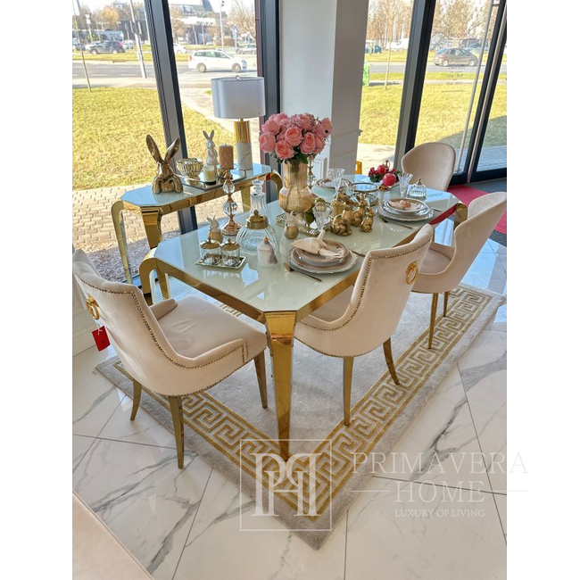 Glamour auksinis stalas su balto stiklo stalviršiu valgomajam, plieninis, dizainerio ELITE 