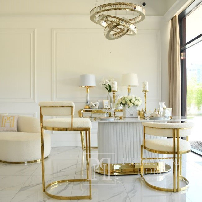 Designerskie krzesło glamour, złote, boucle, do jadalni, nowoczesne, półokrągłe, do toaletki, stalowe MARCO 