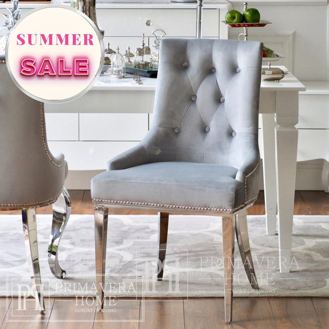 Krzesło glamour, luksusowe, pikowane z kołatką, do jadalni, na stalowych, prostych nogach, szare, srebrne MADAME 